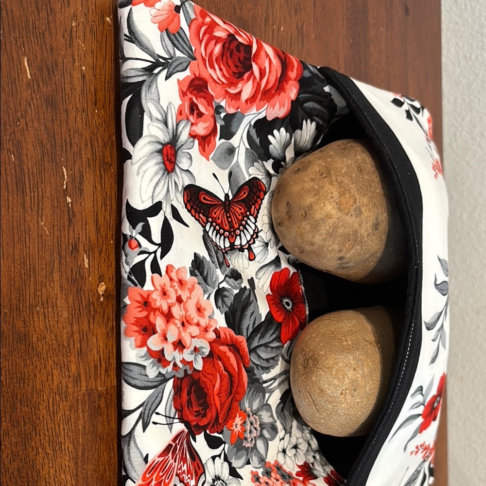 Hand Crafted Floral Potato Bag - Red, White and Black Microwaveable